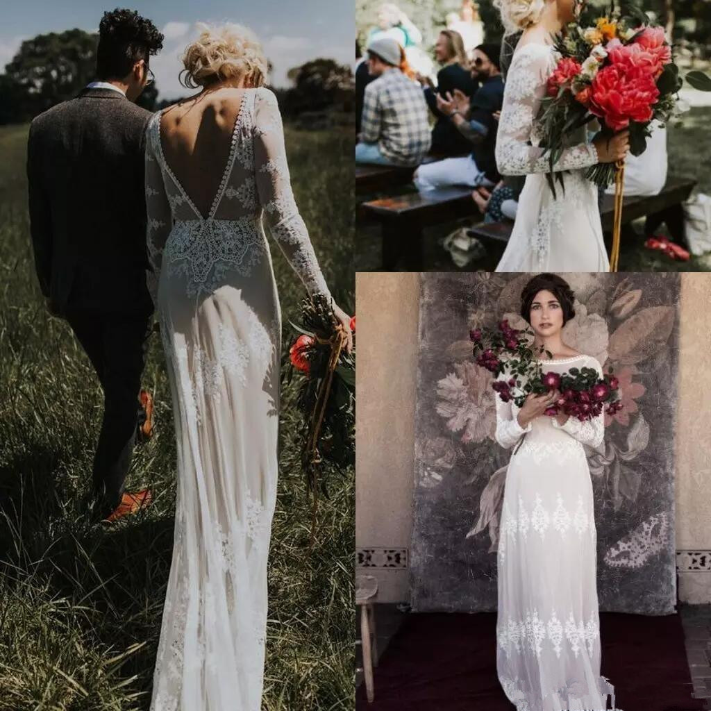 

Charming Bohemia Wedding Dresses with Lace A Line Sexy Backless Boho Long Sleeves Floor Length Country Bridal Gowns Custom, Pink