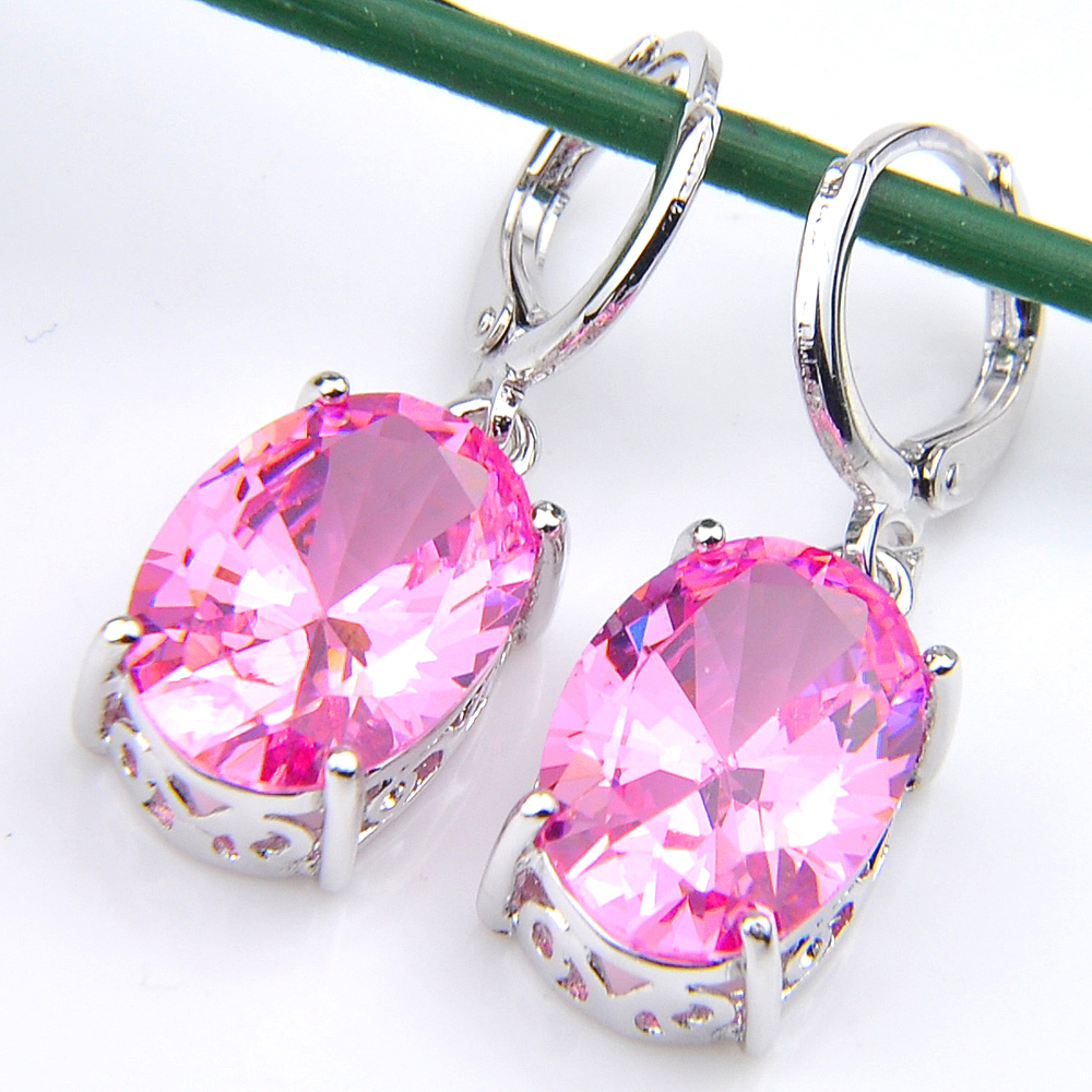 

10Prs Luckyshine Classic Dazzling Fire Oval Pink Topaz Cubic Zirconia Gemstone Silver Dangle Earrings for Holiday Wedding Party