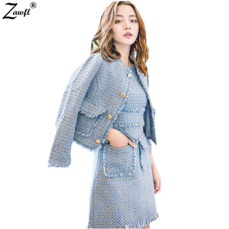 

High Quality Women 2 Piece Set Dress 2018 Autumn Winter Tweed Jacket Short Coat + Sleeveless Tassels Pocket Bodycon Skirt Set, Picture color