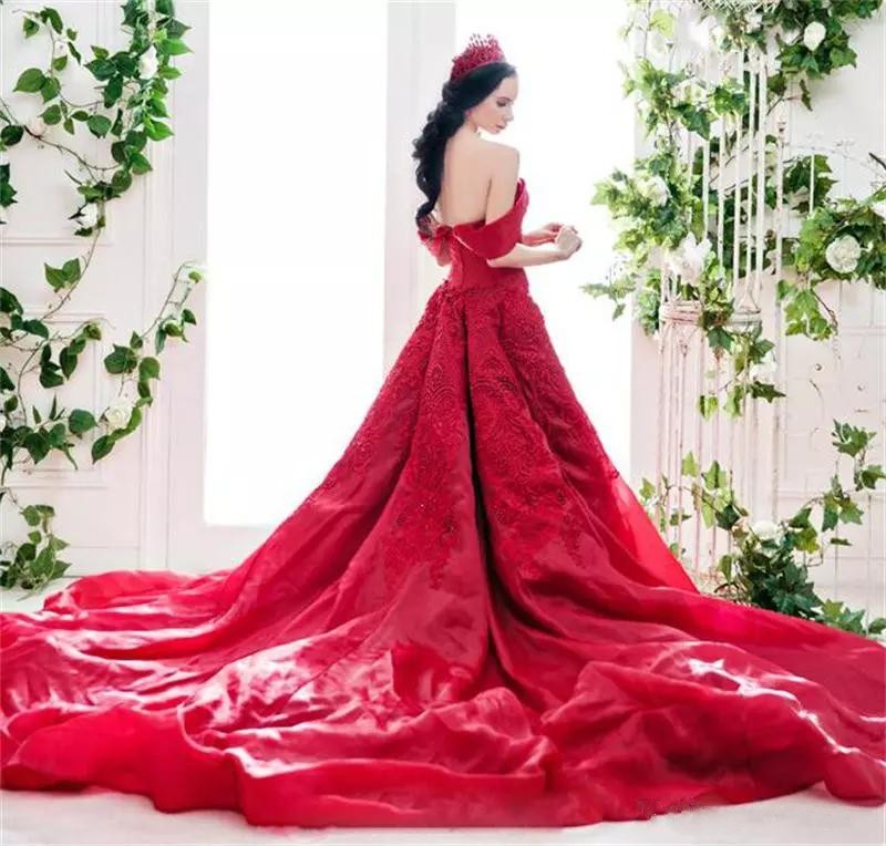 

Gorgeous 2018 Red Wedding Dresses from China Off The Shoulder Big A Line Long Train Pretty Lace and Organza Custom Made Bridal Gowns, Champagne
