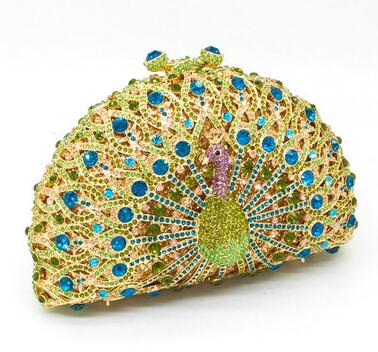 

Wholesale-Noble Lady Luxury Crystal Clutches Party Handbag Peacock Shape Women Wedding Clutch Evening Bag Green Gold Silver Pink Wholesale