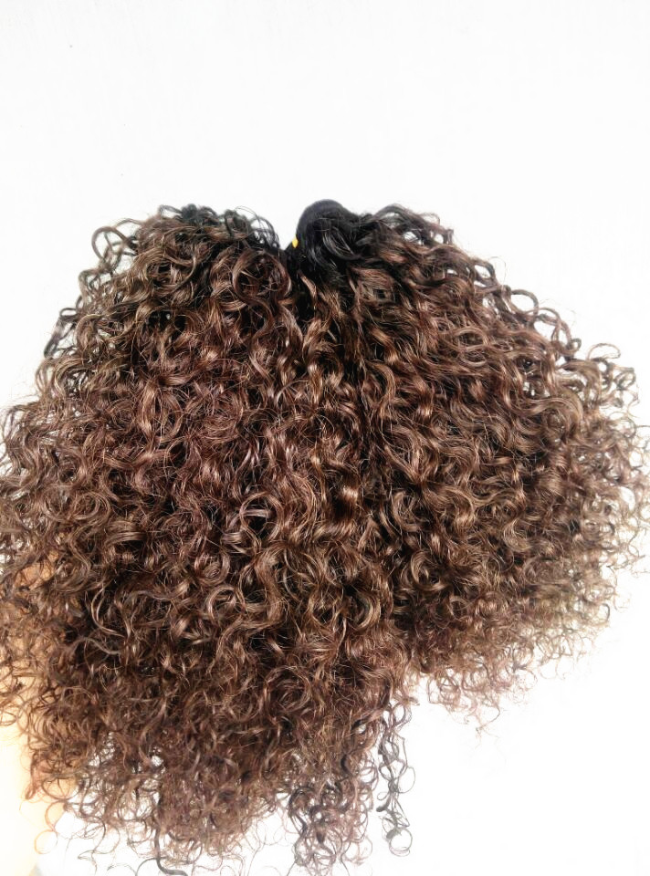 High Soft and Luxurious Brazilian Curly Hair Weaves - Human Virgin Remy, Ombre Shades of 1b/4# Brown-image-407983548