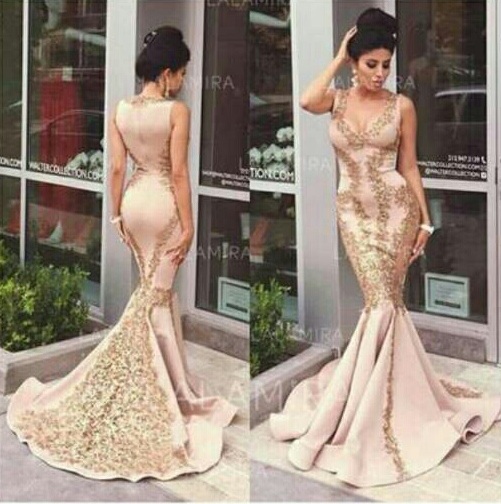 Sexy Blush Rose Satin Sirène V Cou Robe De Soirée Avec Des Dentelles D'or Appliques Livraison Gratuite Haute Qualité Robe D'événement formel