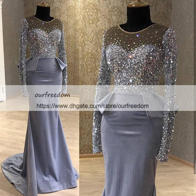 2019 Real Image Chic Sparkly cristal Robes de bal à manches longues Illusion corsage sirène Peplum Stain Jewel Neck Occasion robes de soirée