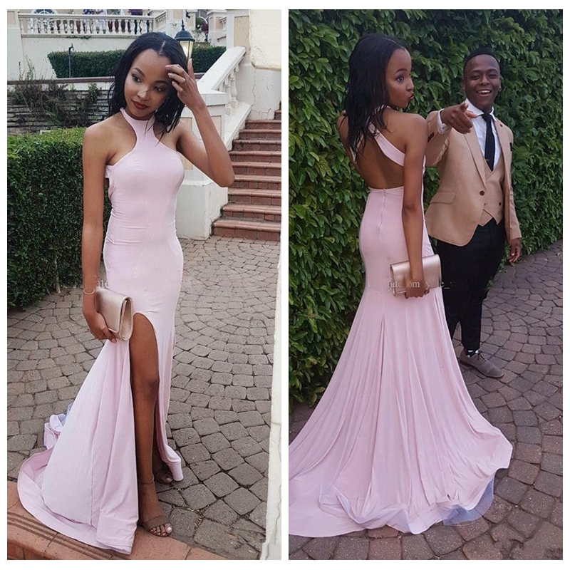 

2018 Black Girls Pink Prom Dresses Memaid Halter Side Split Criss Cross Backless Cheap Long African Party Evening Wear Gown, Green