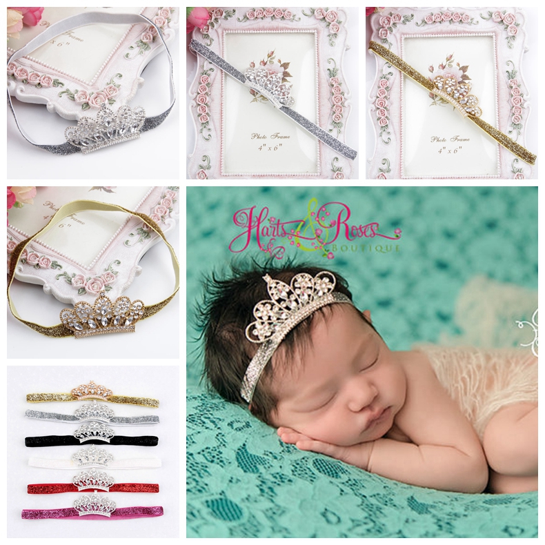 

Cute kawaii crystal crown newborn baby kid girl peal hair band headwear princess hairband hair accessories 6 colors, White
