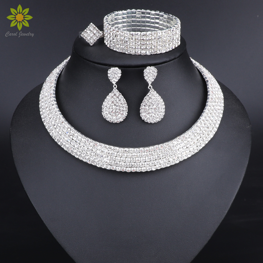 

Crystal Bridal Jewelry Sets Silver Plated Rhinestone Necklace Earrings Bracelet Ring Wedding Engagement Jewelry Sets for Women