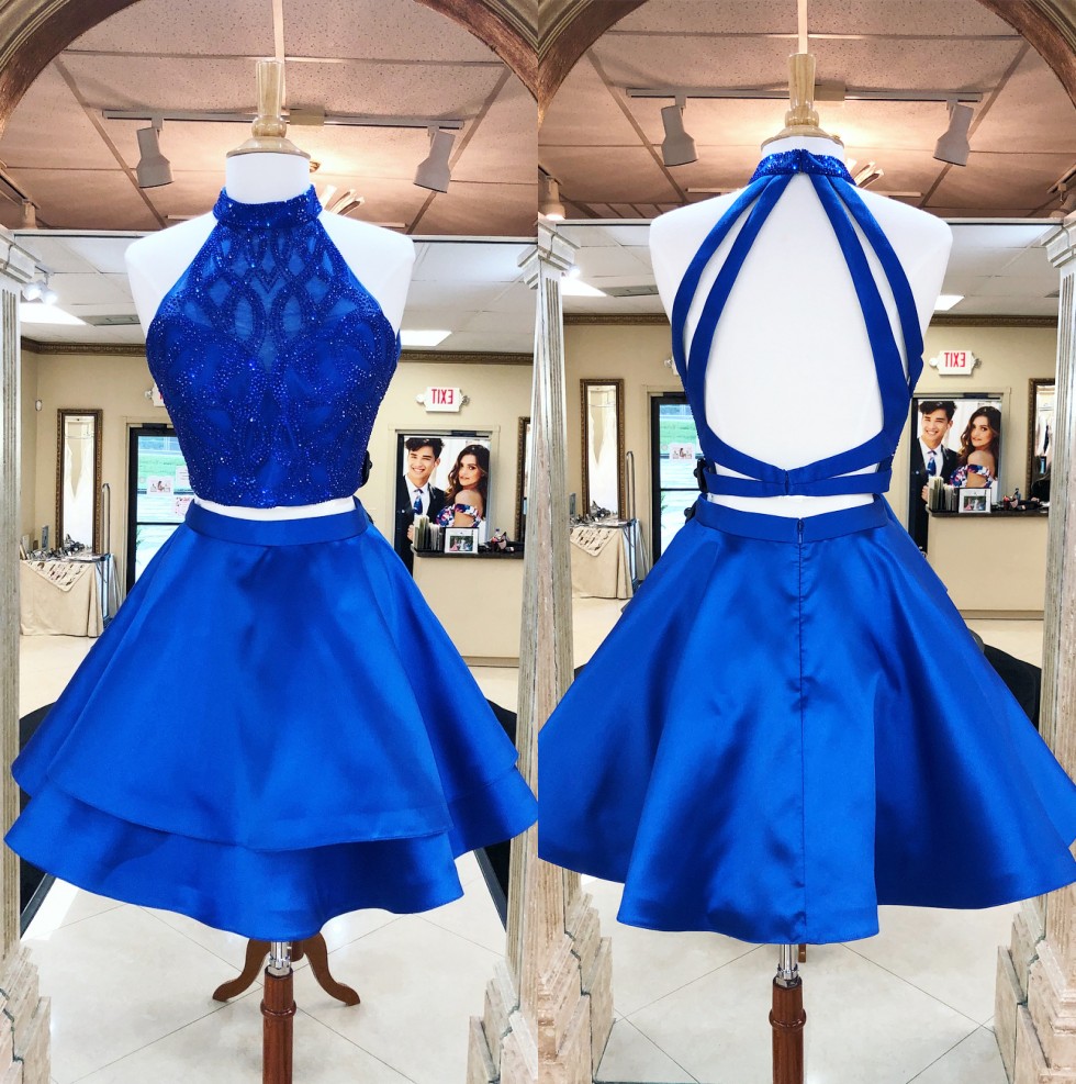 

Royal Blue Two Pieces Homecoming Dresses For Juniors Halter Neck A-Line Beaded Short Backless Prom Gowns Satin Cocktail Party Dress