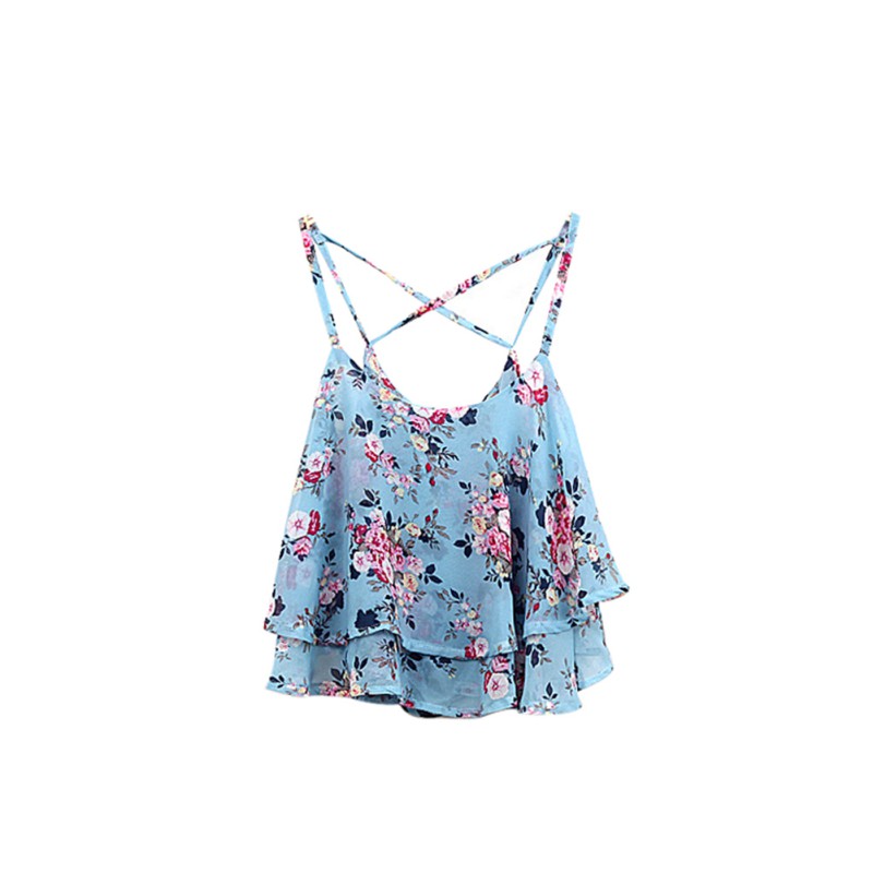 

Women Vintage Spaghetti Strap Floral Print Chiffon Tanks Top Summer Clothing Sexy Crop Top Female, Blue