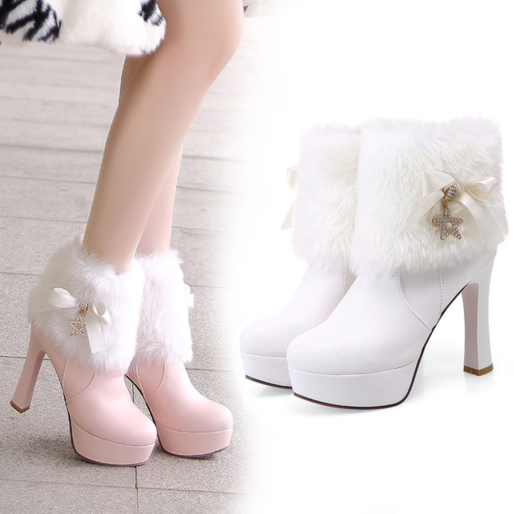 

Long Boots Sweet Sexy Black White Fur Boots PU Nightclub Princess Women Shoes Super heel Waterproof, Pink