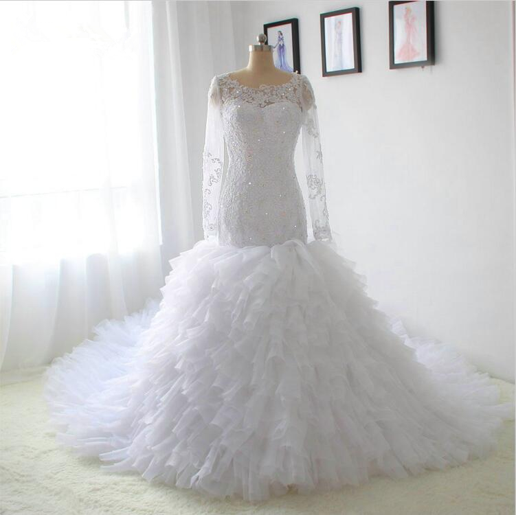 

Stunning Ruffles Mermaid Wedding Dresses Bridal Gowns Long Sleeve Sequin Beaded Cheap Jewel Neck Lace Applique African Designer For Women, Red