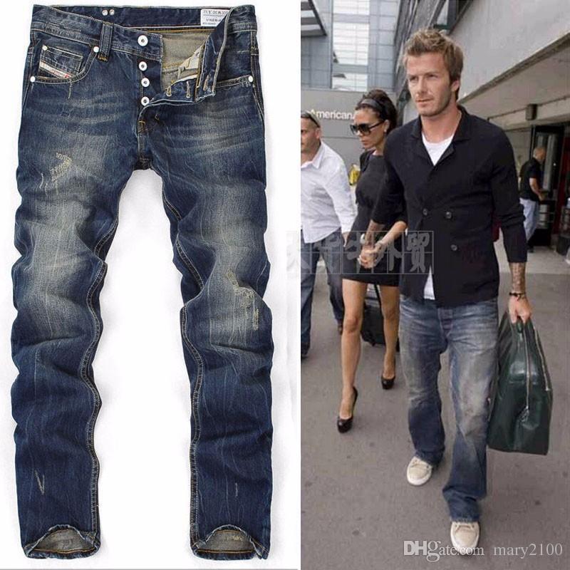 

High Quanlity men blue denim designer European star ripped jeans for men classic retro pants, Blue 777