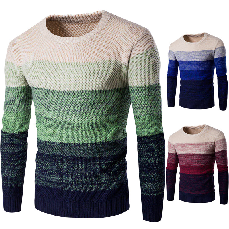 Mens Designer Knitted Sweater Casual Gradient Color Male Autumn Winter Panelled Crew Neck Long Sleeve Pullover