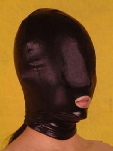 

Black metallic Lycra Spandex zentai costume open mouth Mask / Hood