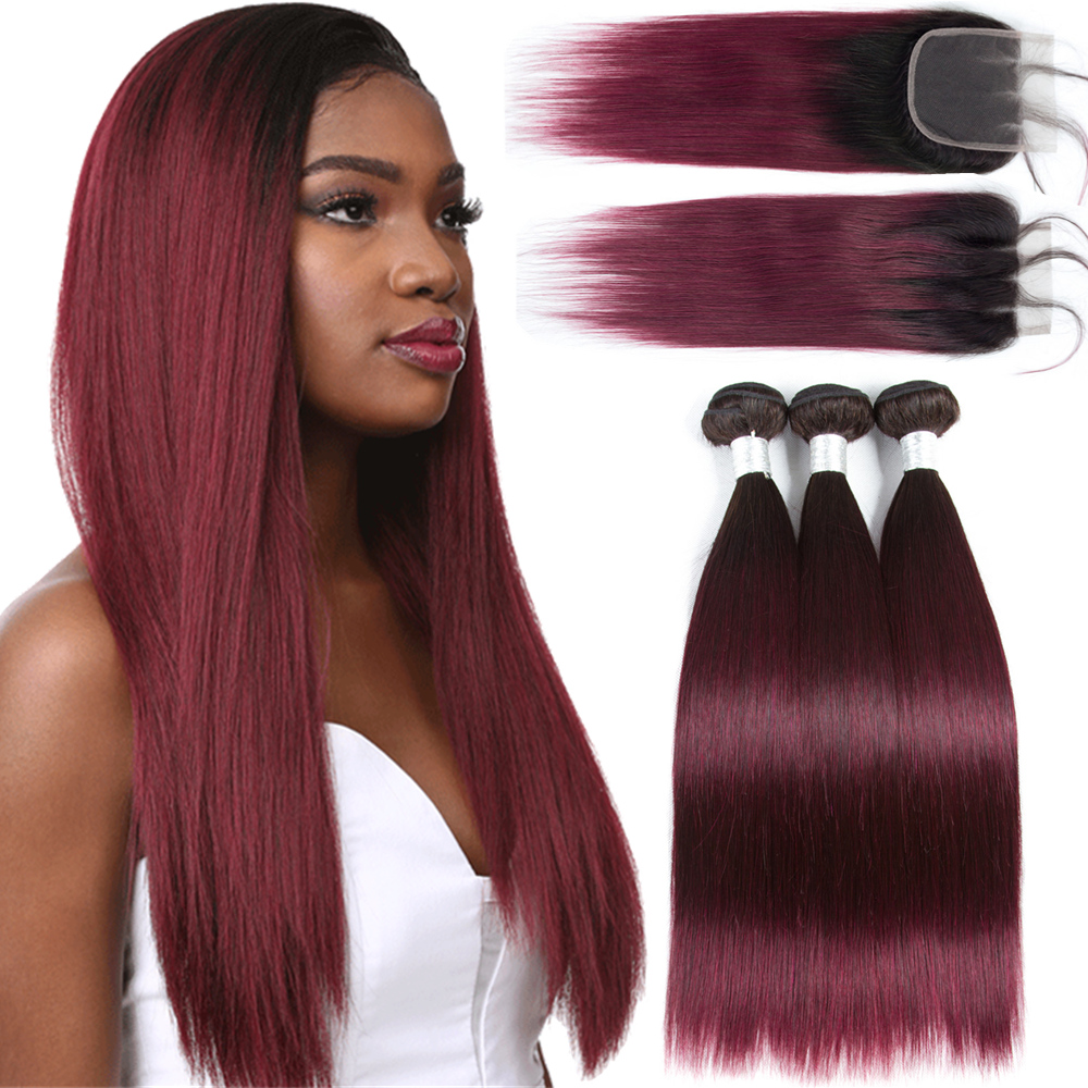

Per-colored Brazilian Straight Hair 3 Bundles with Closure T1B99J 1b/burgundy Human Hair Extensions Ombre Non-remy Hair Weave Bundles HCDIVA, T1b/30