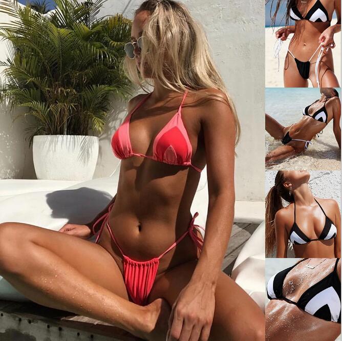 

Thong Bikini Sets Sexy Trikini Bandage Models Black White Mix Double Color Ladies Swimwear Bathing Suits for Women size S-XL