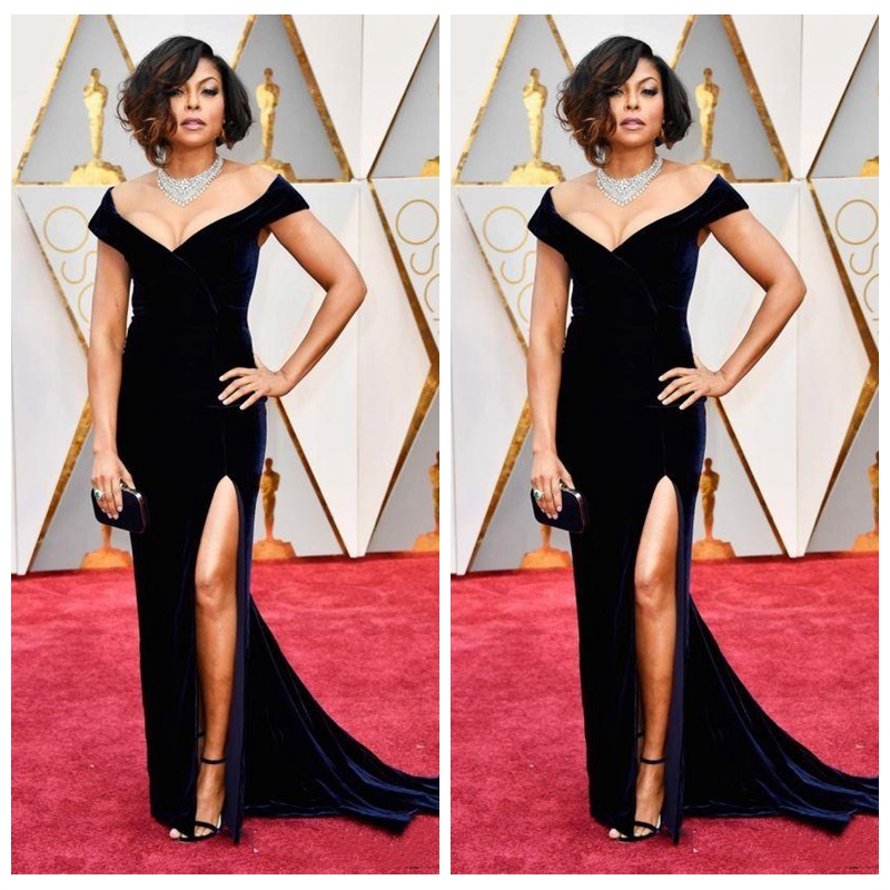 

2018 Velvet Off Shoulder 89th Oscars Mermaid Navy Blue Celebrity Evening Dresses Sexy High Split Long Maxi for Prom Party Gowns Custom, Red