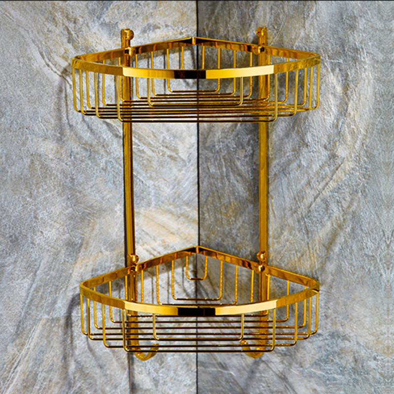 

Golden Bathroom Corner Shower Caddy Basket Storage TI-PVD Gold Bathroom Rack