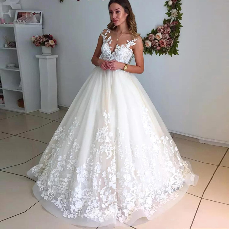 

Elegant Ball Gown Wedding Dresses Sheer Neck Cap Sleeves Appliques Lace Tulle Backless Plus Size Wedding Gowns Bridal Dresses, White
