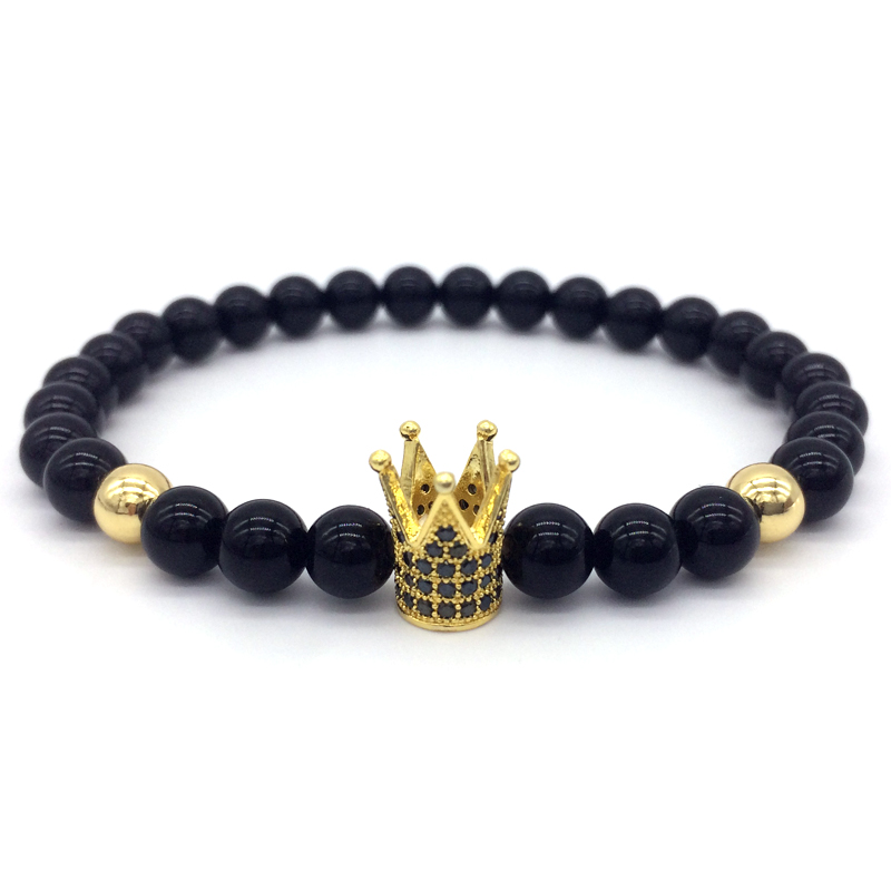 

2018 Trendy Imperial Crown Pave Black CZ Beads Natural Onxy Stone Men Strand Bracelets Jewelry Gift