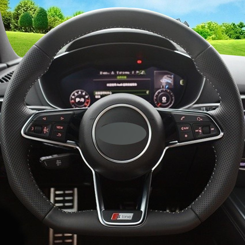 Black Genuine Leather DIY Hand-stitched Steering Wheel Cover for Audi TT 2017-image-430985900