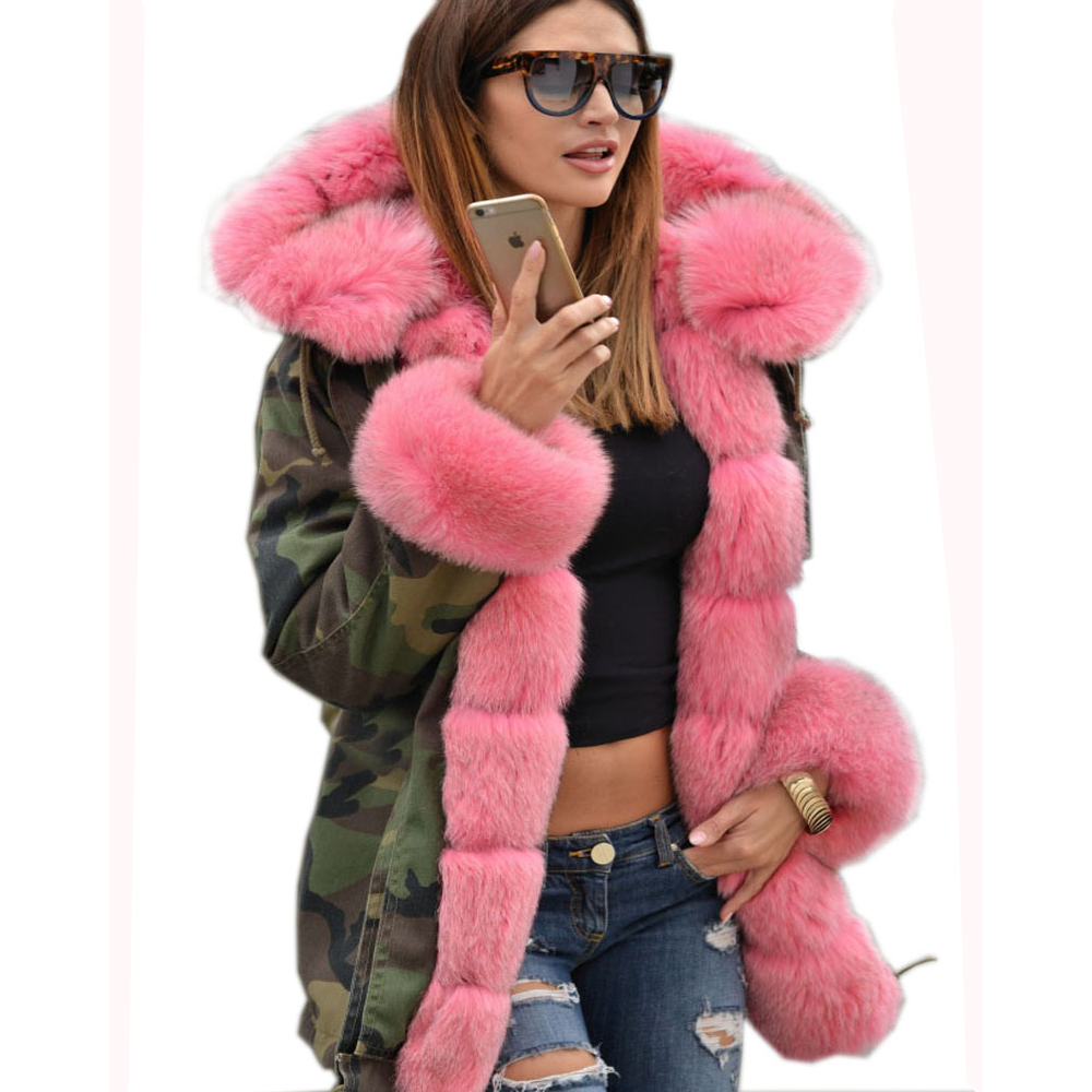 Roiii Thickened Faux Fur Camouflage Hot Pink Parka Women Hooded Long Winter Jacket Overcoat US Plus Size S M L XL XXL 3XL S18101203