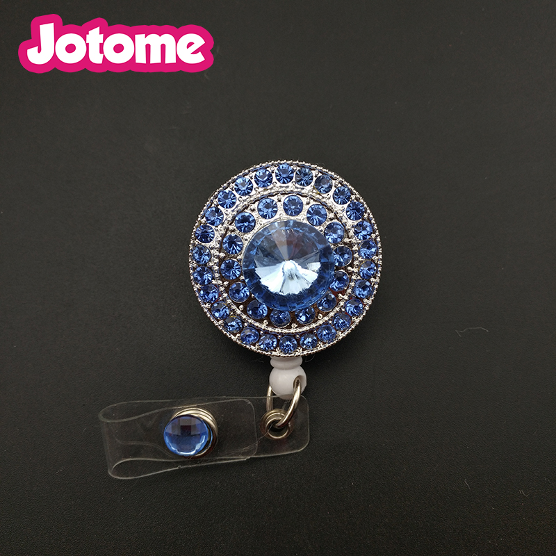 

Jewelry Retractable Badge Reel Round Shape Rhinestone Crystal ID Badge Holder For Nurse Accessories