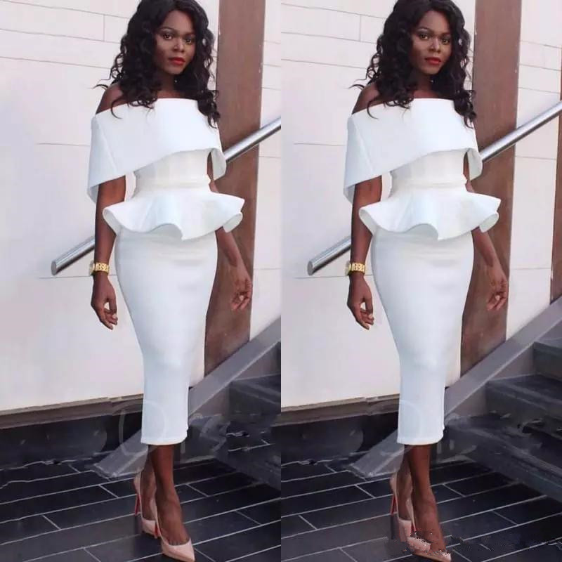 

Sexy Off Shoulder Short Prom Dresses Fashion Short Sleeve Sash Peplum Tea Length African Party Dresses Stylish Satin Short Formal Gowns, Champagne