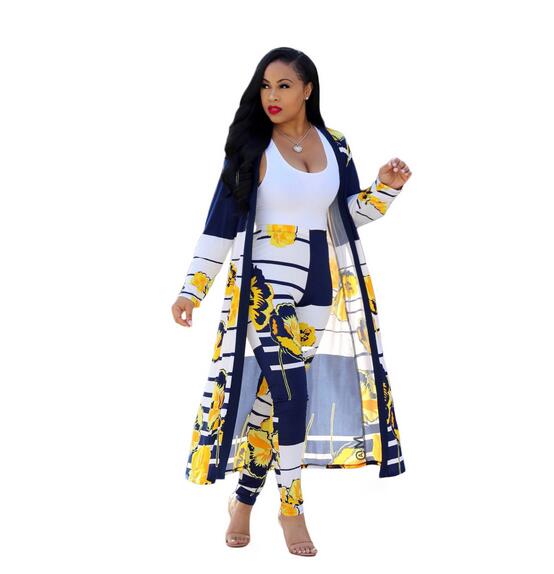 

EleStyle 2018 Casual 2 piece Women Set Print Full Sleeve X-Long Outwear Long Pants Bodycon Set DW402, Blue