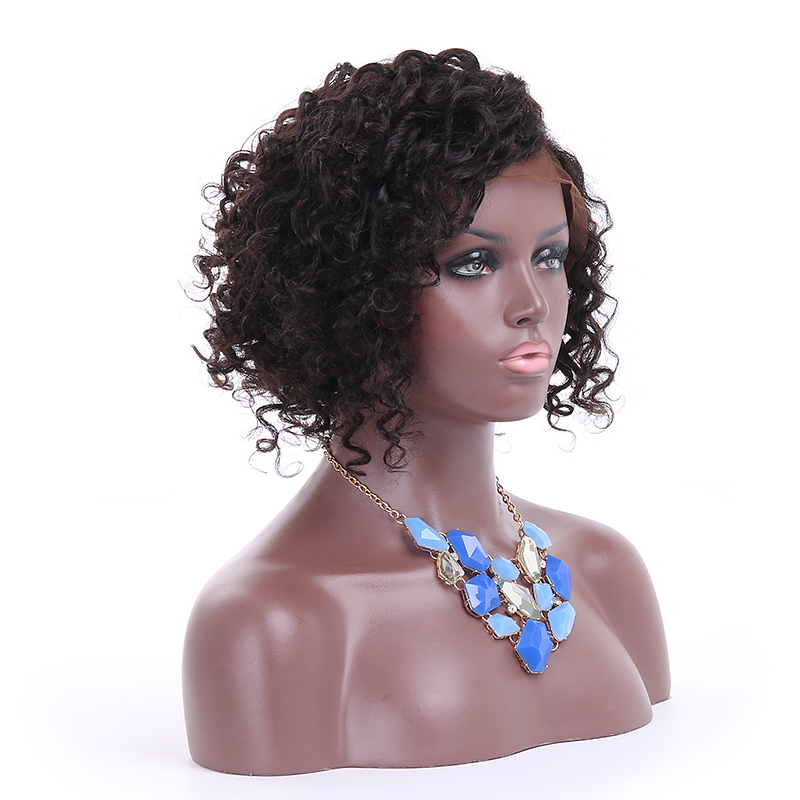 

short cut curly human hair front lace wig for black women bob style left side part, Natural color