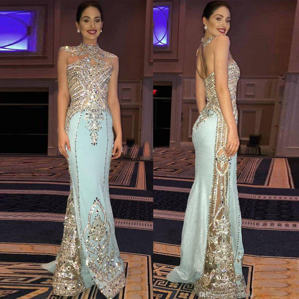 

Luxury crystal Mermaid Evening Dresses High Neck Sleeveless Evening Wear Trumpet Sweep Train Women's Special Occasion Dress, Water melon