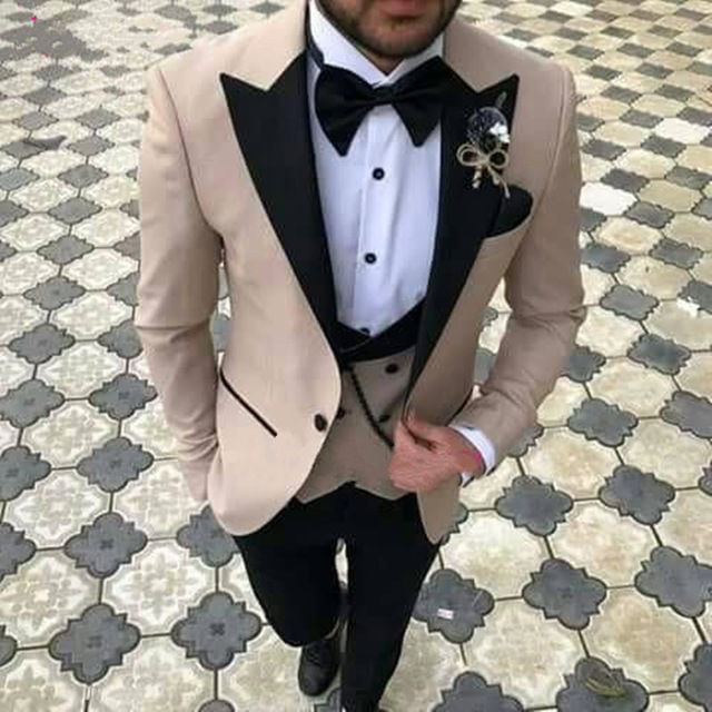 

Custom-made One Button Beige Groomsmen Peak Black Lapel Groom Tuxedos Men Suits Wedding/Prom/Dinner Best Man Blazer(Jacket+Pants+Tie+Vest)M2, Same as image