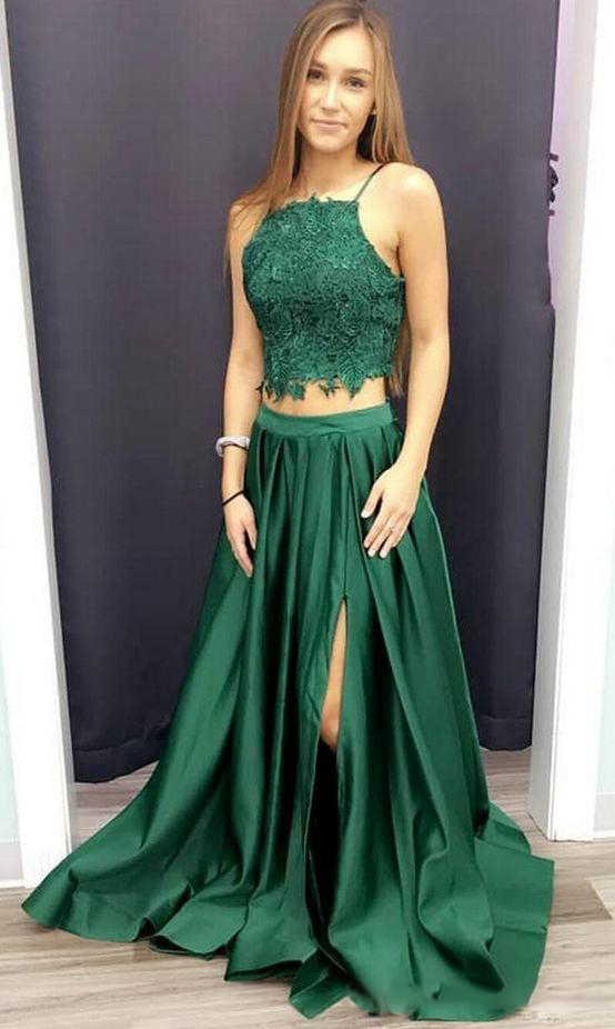 

2018 Best Selling Sexy Two Piece A-Line Green Lace Long Prom Dress with Side Slit vestidos de fiesta Evening Party Formal Gowns, Light sky blue