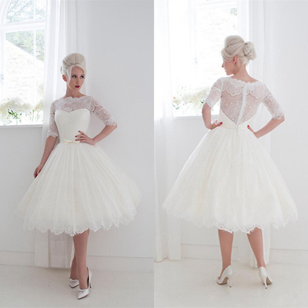 

1950's Style Short Wedding Dresses Ball Gown Vintage Lace Ribbon Cover Button Beach Tea Length Bridal Gowns Lace Half Sleeves Bride Dresses, Ivory