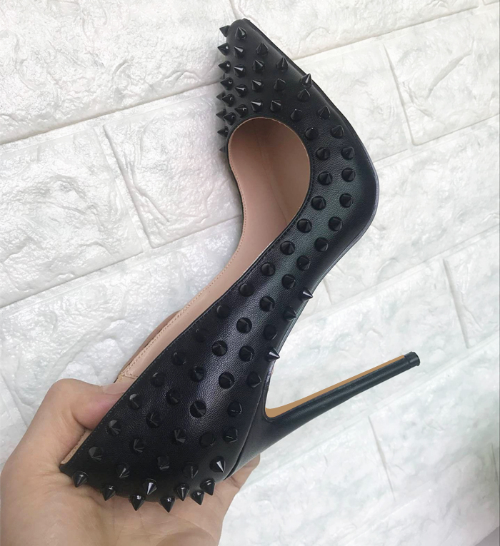 

Original LOGO spikes women red bottom dress shoes spring shallow Rivet stiletto heel pumps slip-on party girls leather high heels, Black