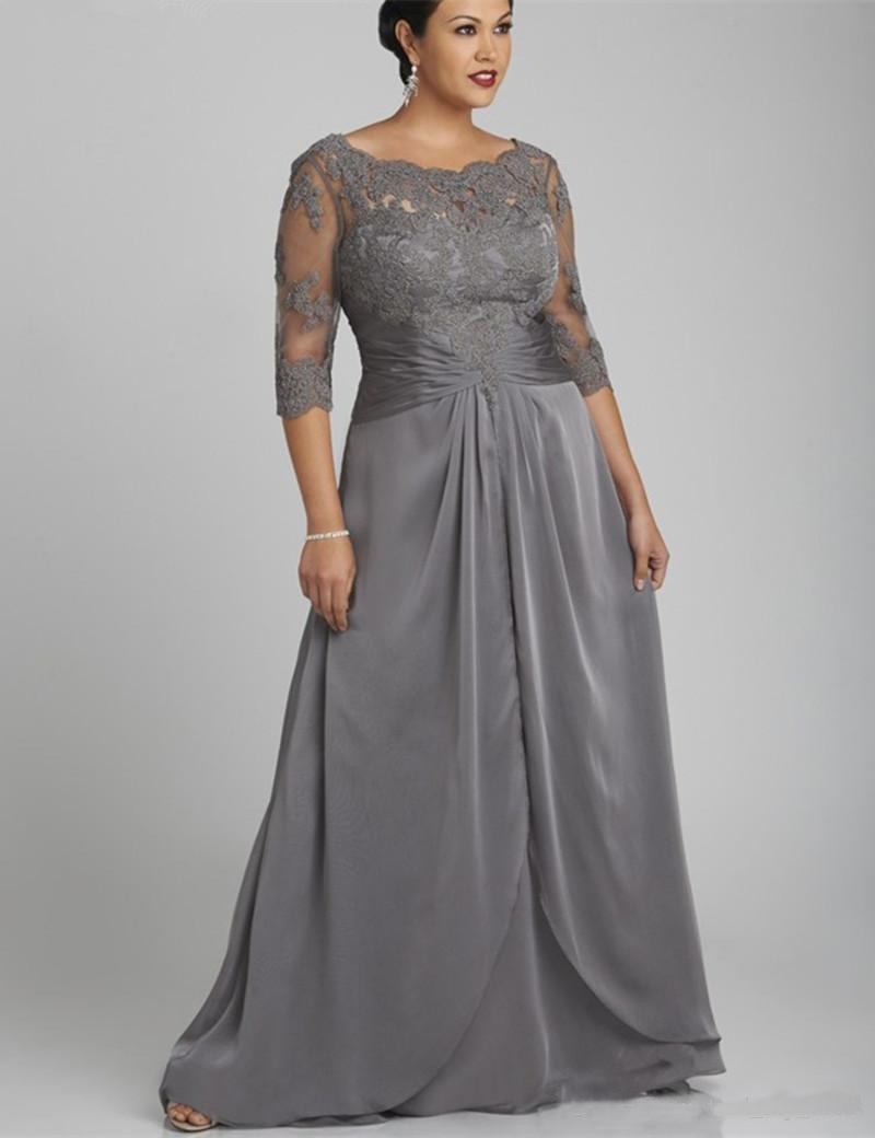 

Popular Style Plus Size Mother of the Bride Dresses 3/4 Sleeve Scoop Neck Lace Chiffon Floor Length Gray Evening Dresses Groom Wear