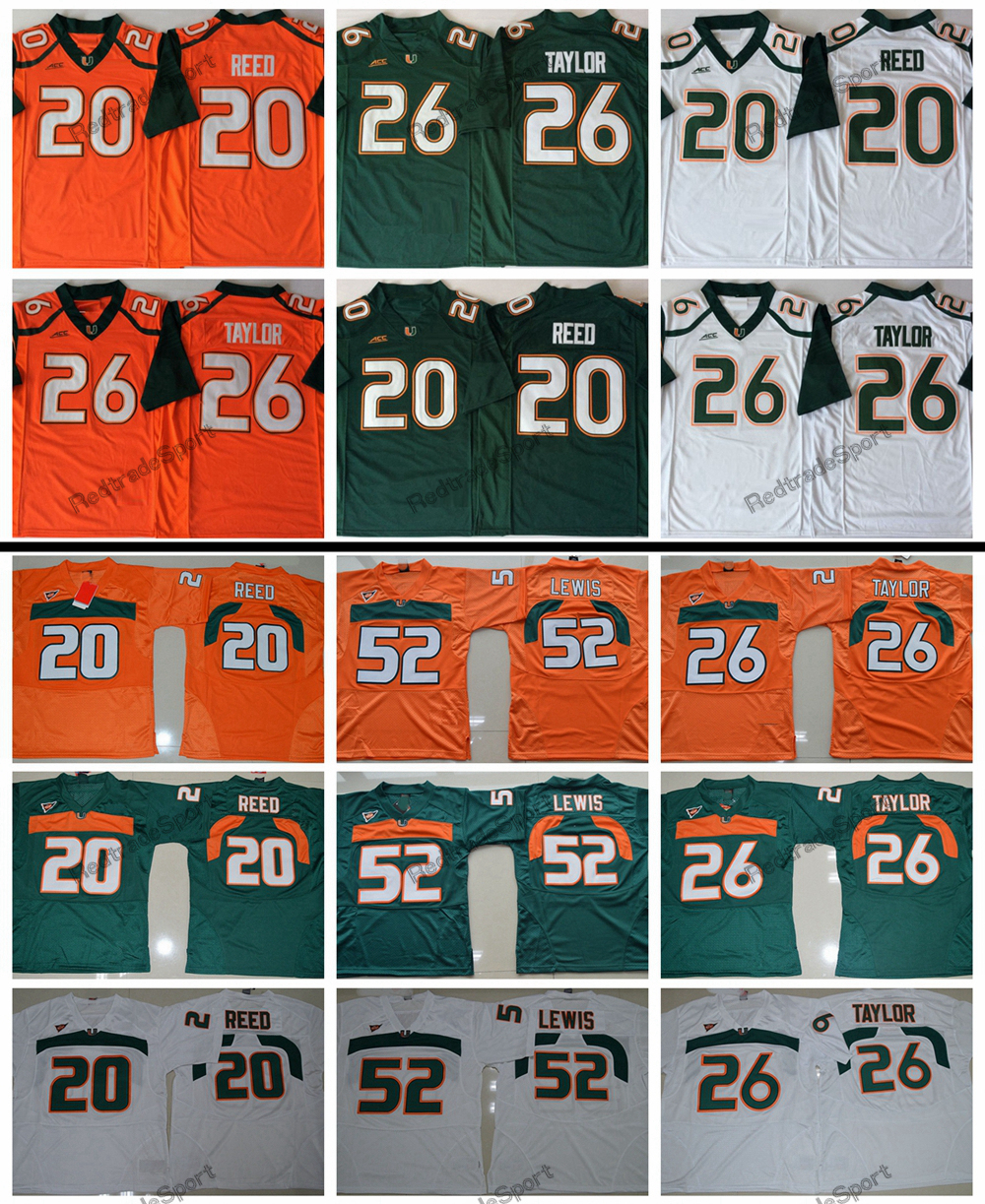 

2018 New Miami Hurricanes 26 Sean Taylor 52 Ray Lewis 20 Ed Reed College Football Jerseys Mens Home Sean Taylor University Football Shirts, White 26