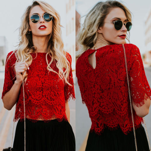 

Fashion Summer Women Lace Vest Top Tank Casual Evening Party Clubwear Tops Short Sleeve T-Shirt, Black