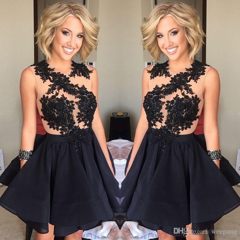 

2018 Short Cocktail Dresses Black Dress Jewel Illusion Neck Lace Appliques Mini Prom Dresses Open Back Party Special Occasion Dresses, Grape