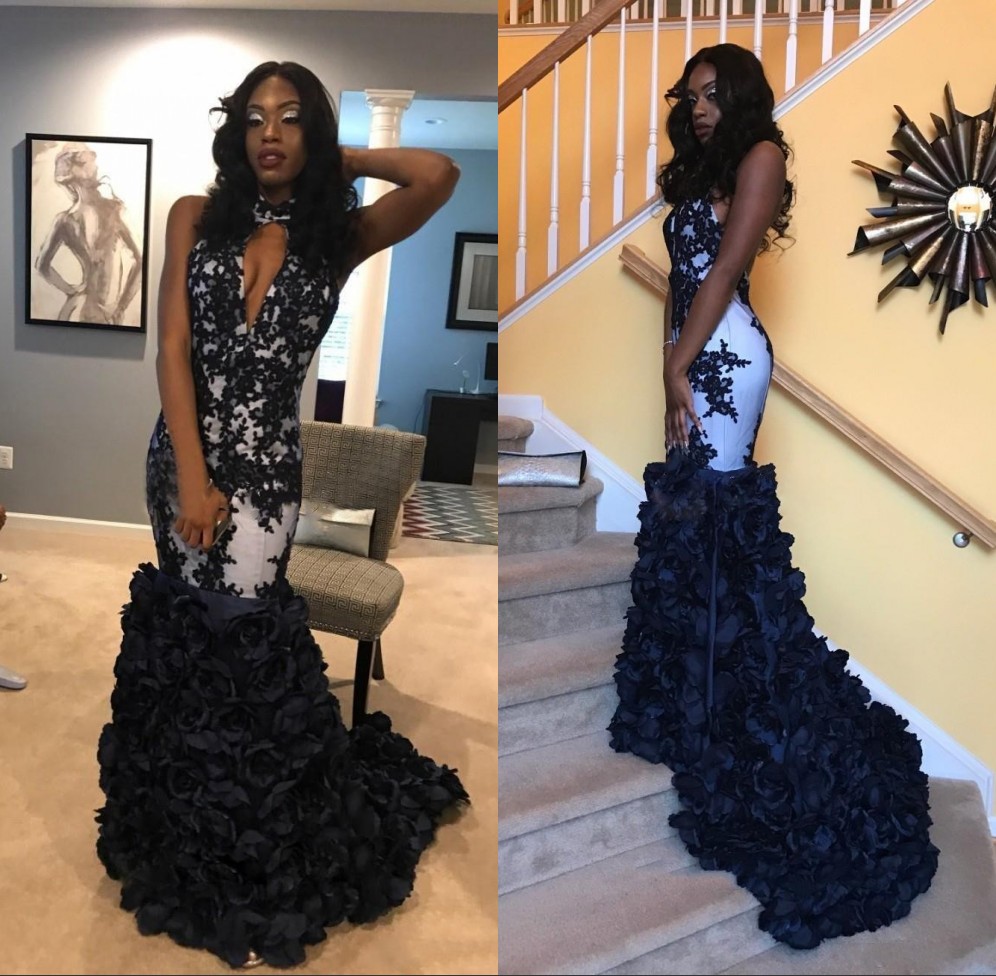 

Black Appliques 3D Flowers Mermaid Prom Dresses 2020 Popular Halter Keyhole Neckline Sexy Open Back African Arabic Evening Gowns, Dark green