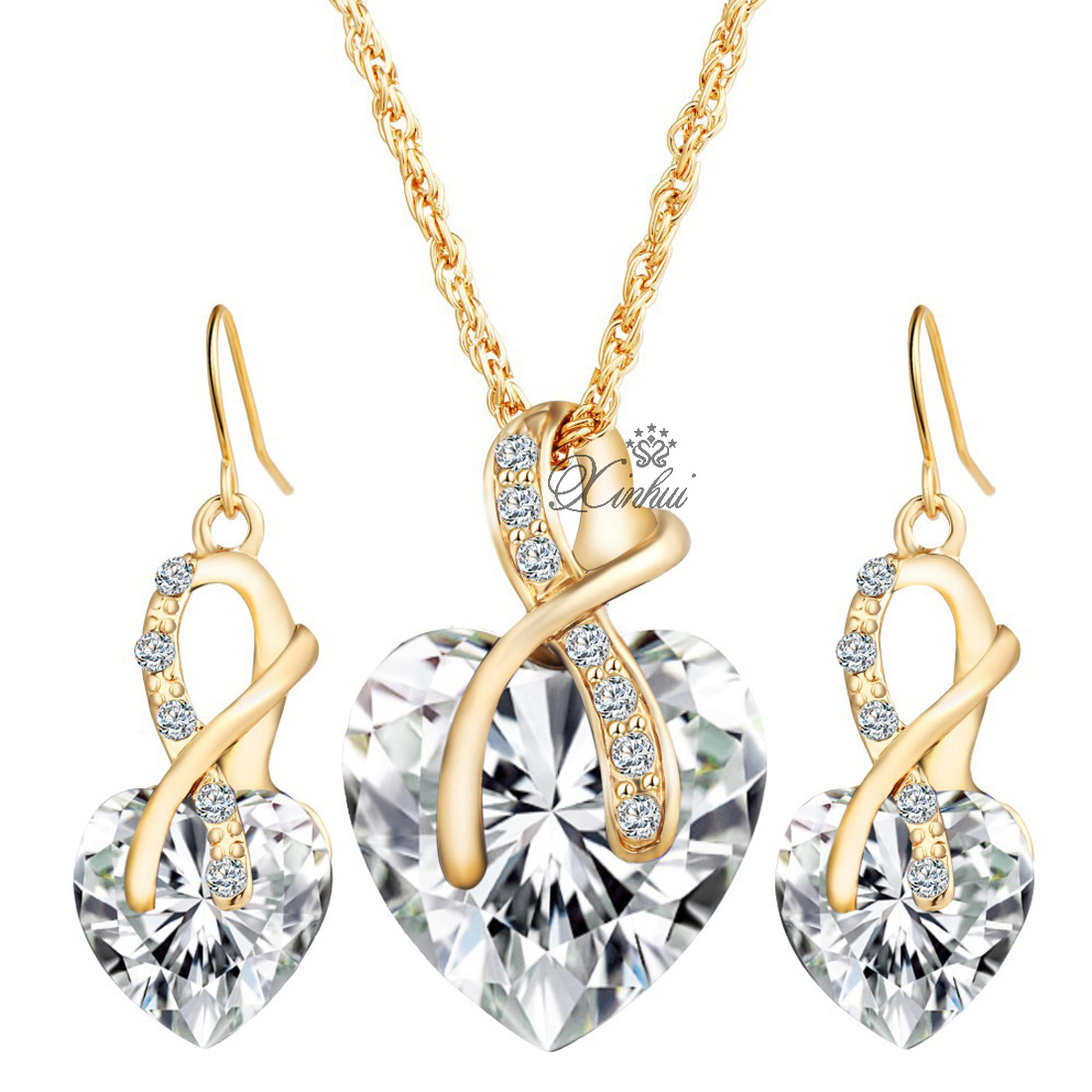 Gold Plated Jewelry Sets For Women Crystal Heart Necklace Earrings Jewellery Wedding Accessories-image-410037852