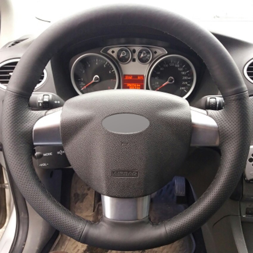 Black Genuine Leather Hand-stitched Car Steering Wheel Cover for Ford Focus 2 2005-2011(3-Spoke) Focus 3 Focus RS 2008-2011-image-430989424