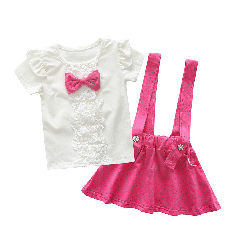 

toddler children summer baby girls clothing sets dress suit girls Bib summer set bow 2pcs kids strap dots sport suit set, 02