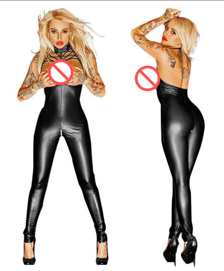 

Sexy Women Lingerie Wet Look Jumpsuit Open Bust Bodysuit Halter Catsuit Clubwear #T78, Black