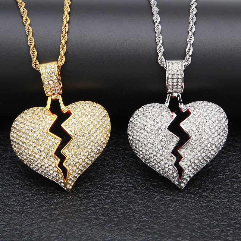 

Iced Out Broken Heart Pendant Necklace For Mens Womens Fashion Hip Hop Gold Necklaces Jewelry