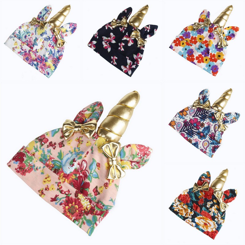 

6 Colors Baby Unicorn Bowknot Hat Kids Boys Girls Winter Printed Knitted Beanies Infant Bow Caps, #1