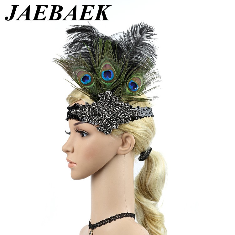 

JAEBAEK 1920s Flapper Peacock Feather Headband 20s Sequined Showgirl Headpiece