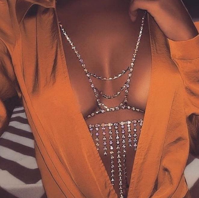 

Women Sexy Bikini Waist Chain Gold Silver Beach Body Chain Rhinestone Bra Chain