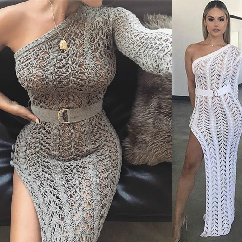 2018 Nouveau Tricot Long Robe Femmes Une Épaule Maxi Dress Sexy Évider Haute Split Club Party Robes Chandail Robe Dentelle Robes De Bal