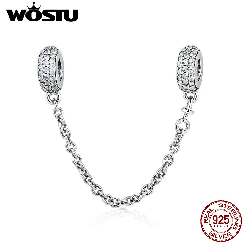 Wholesale-Real 925 Sterling Silver Pave Inspiration Safety Chain Charm With Clear CZ Fit Original WST Bracelet Authentic Jewelry Gift